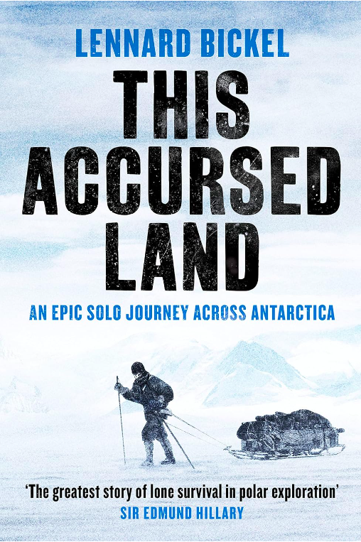 A book cover which shows a figure pulling a sled across a snow filled white landscape