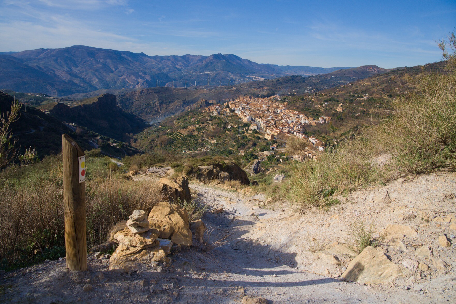 The GR7 long distance path in Andalucia. Here showing the town of Lanjaron in the Alpujarras