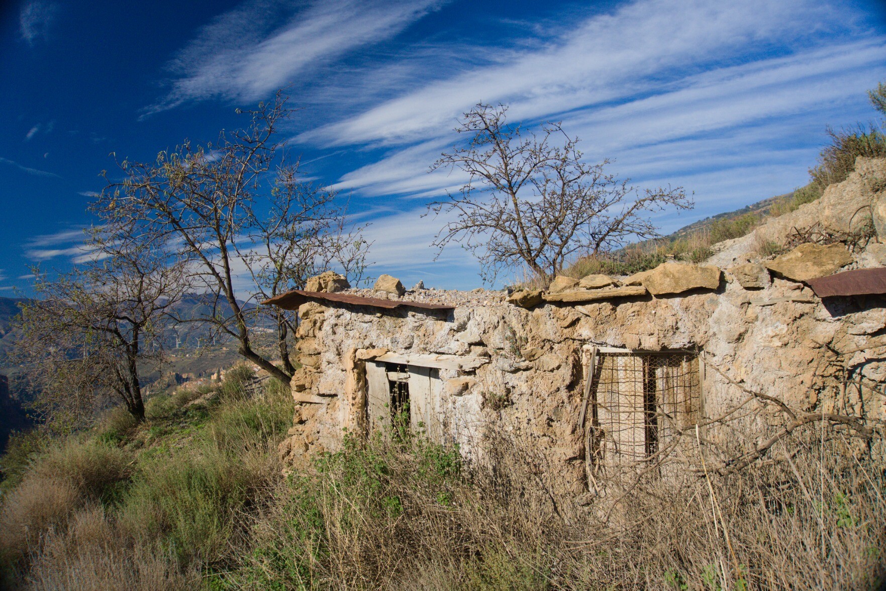 The old spanish "cortijo" (cottage) now derelict standing overgrown below a blue sky