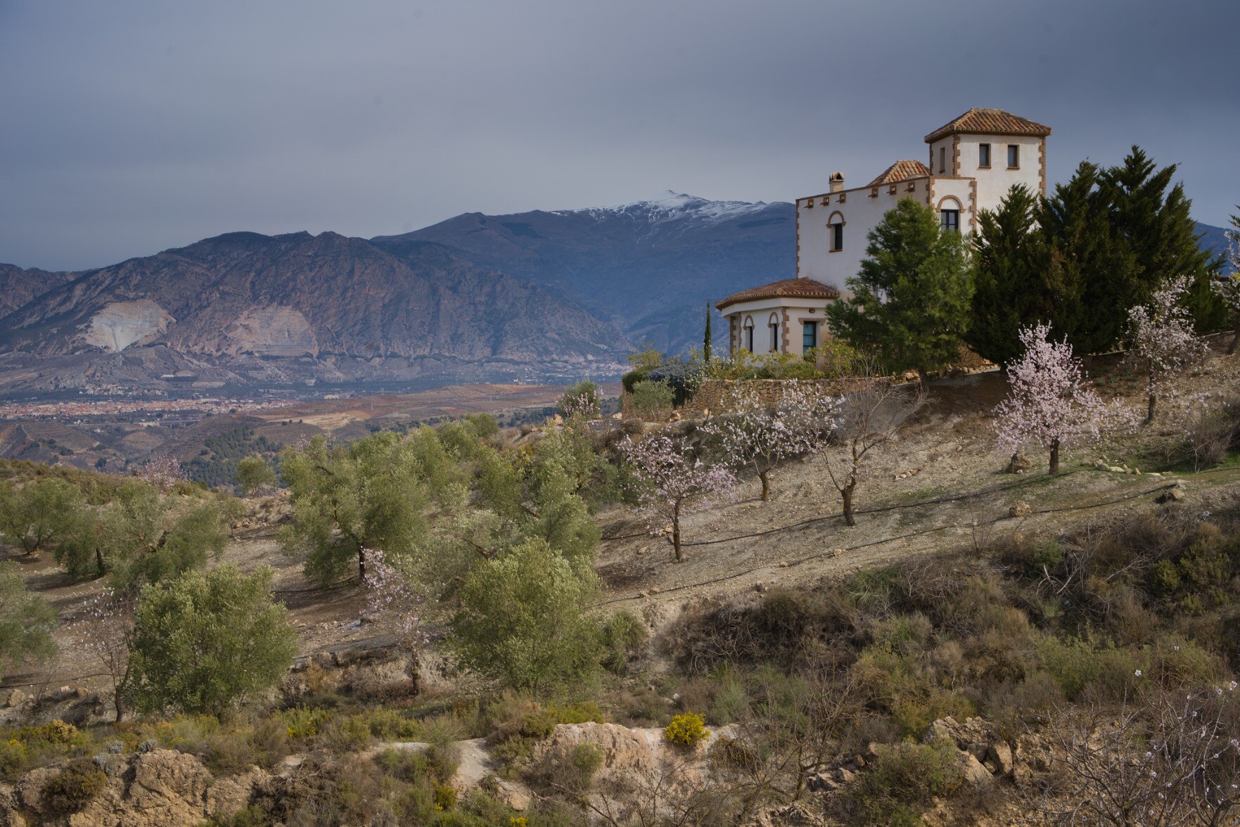Villa on a hill with a snow topped mountain behind