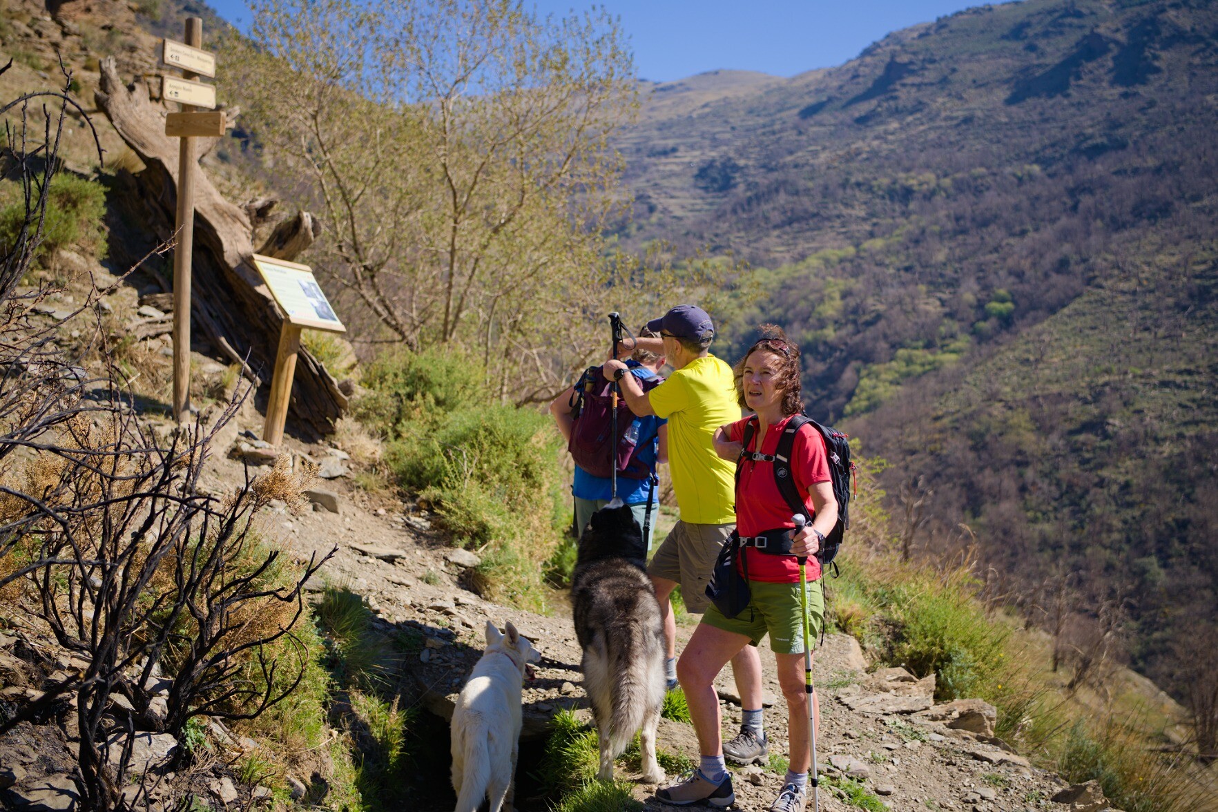 Hikers taking a break with signposts to the left and a valley to the right