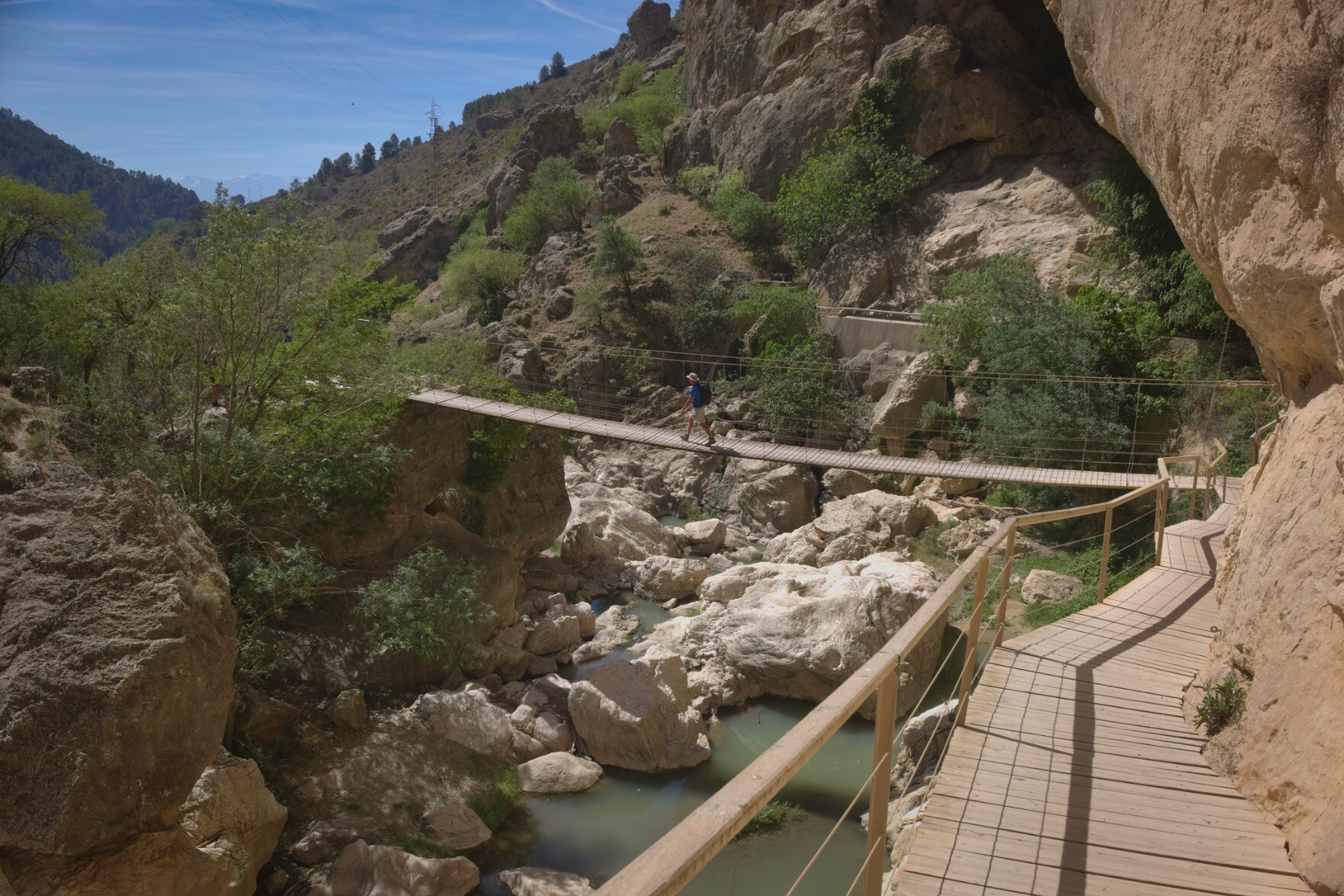 A narrow bridge spans a gorge with overhanging rock walls to the right and a green forest further to the left