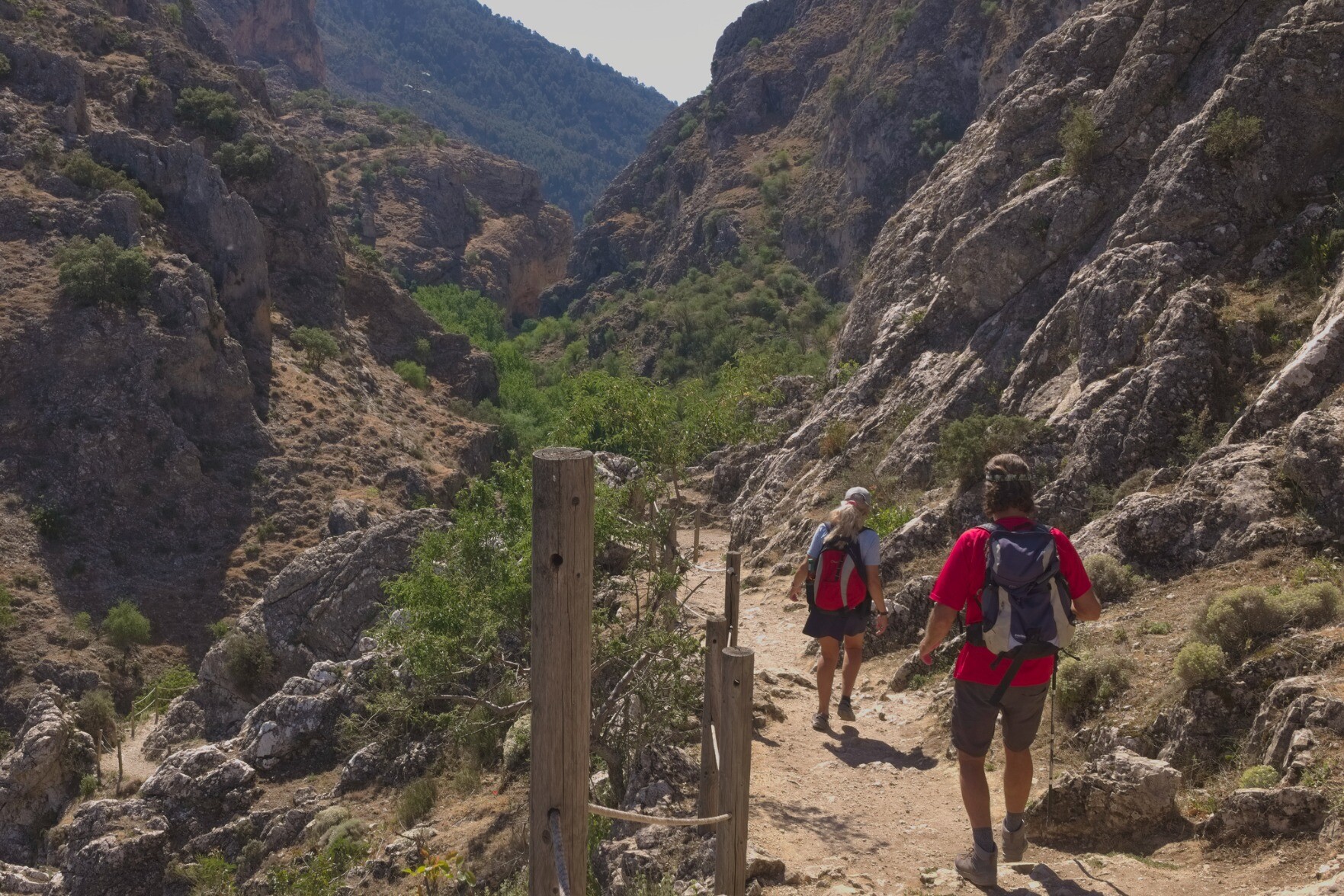 A narrow path with 2 hikers on it drops into a wooded steep sided gorge