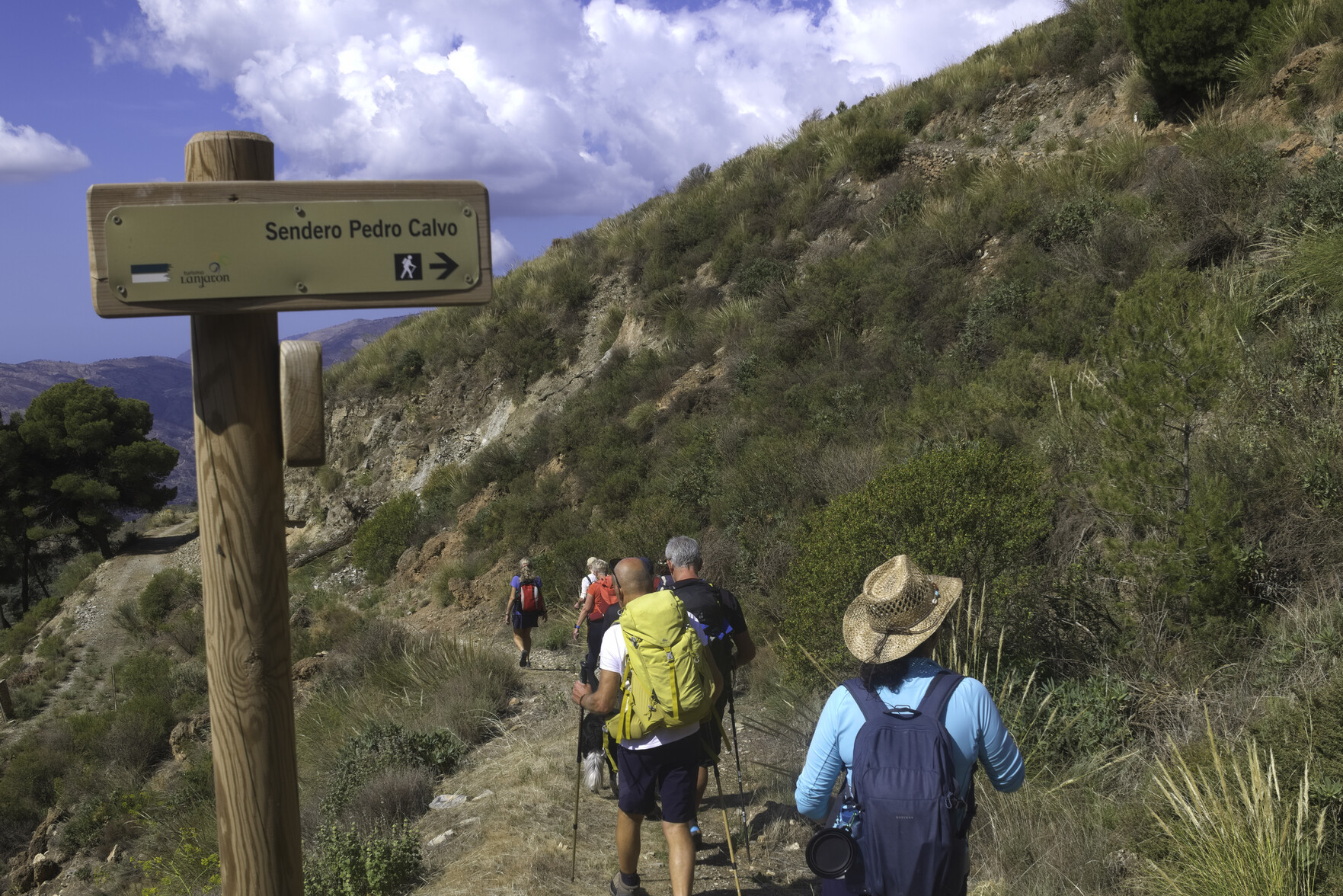 A signpost shows the way for a group of hikers following a trail down and to the left