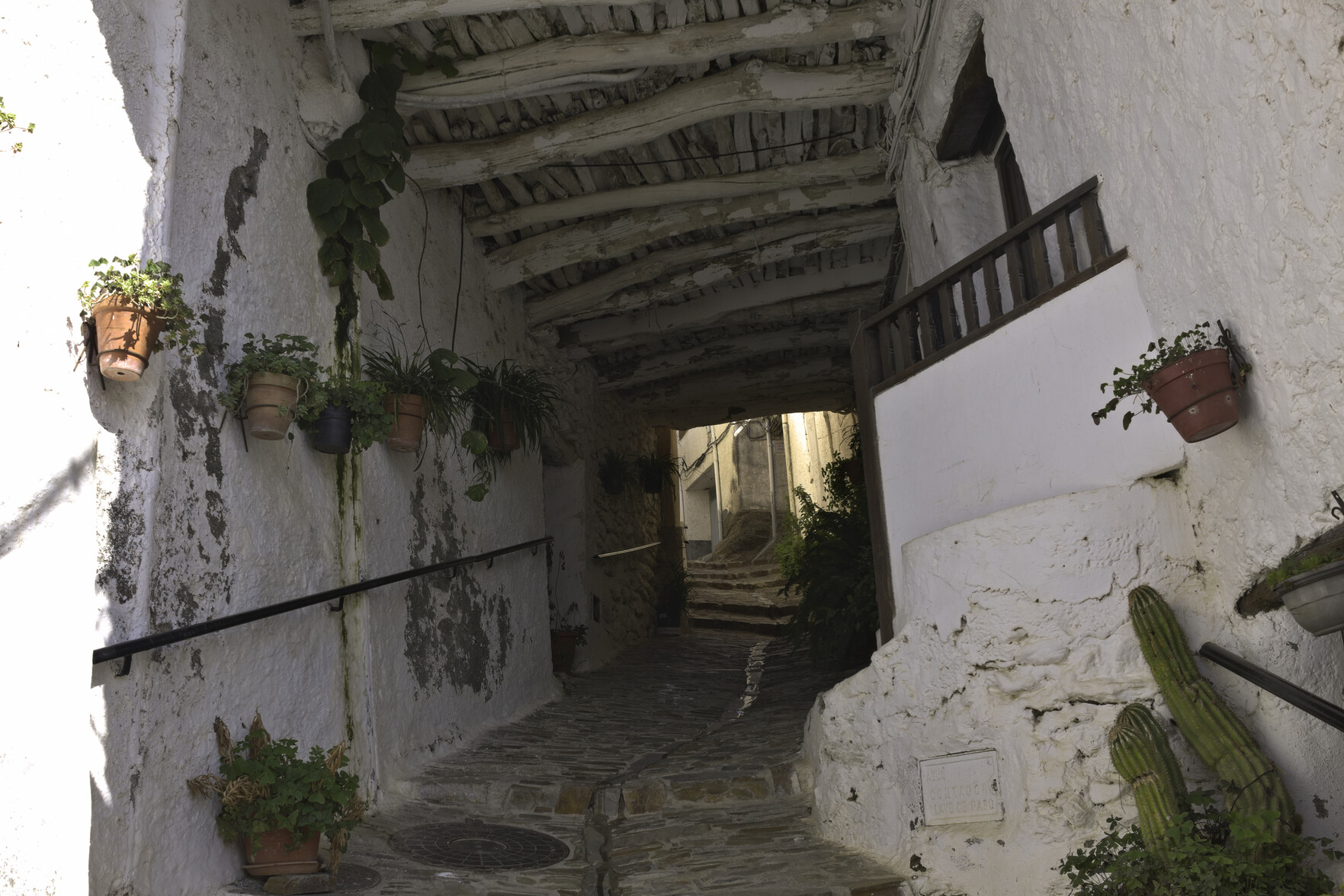 A narrow street in Pitres with traditional "tinao" roofing