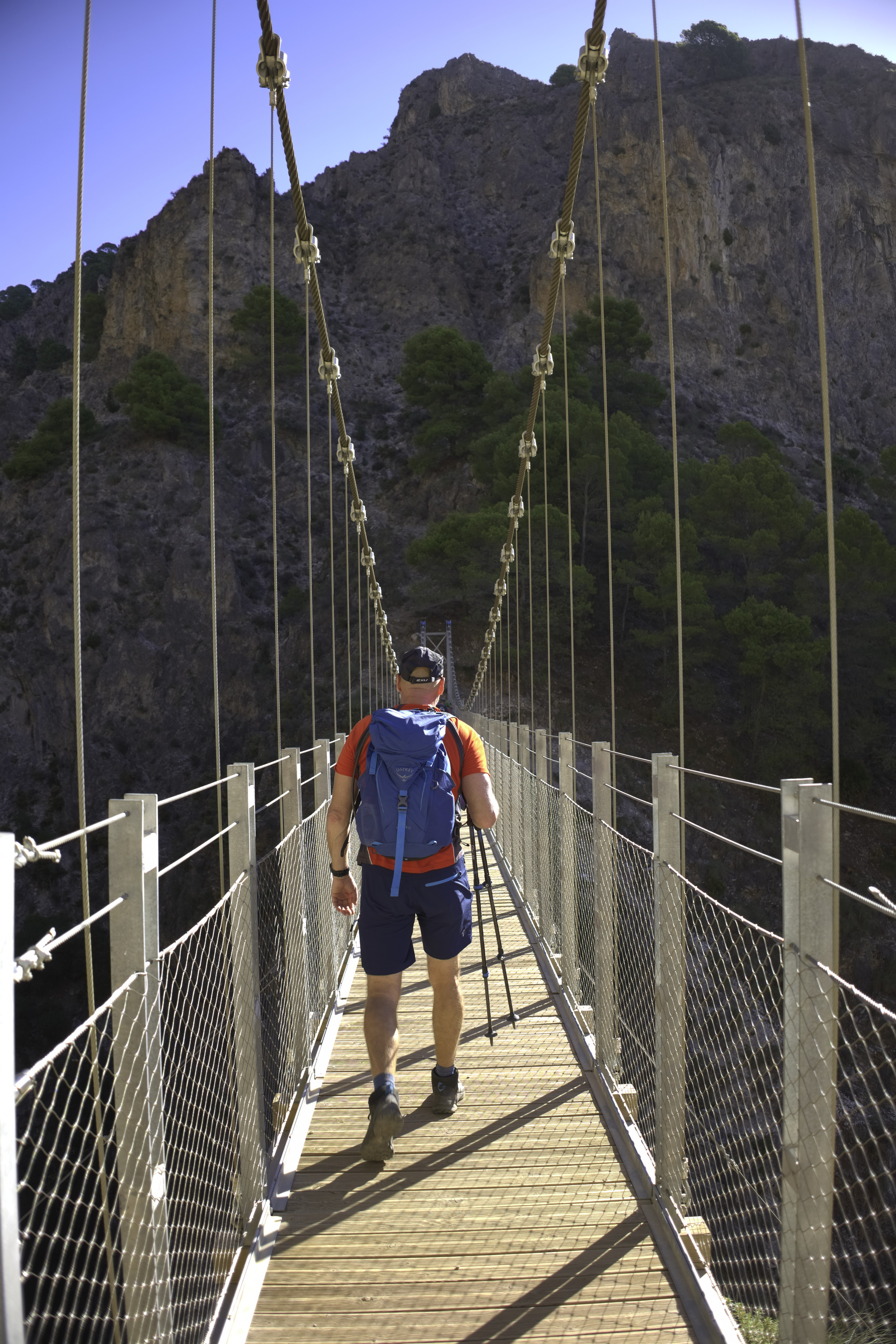 A huge hanging suspension bridge over a gorge with a hiker crossing