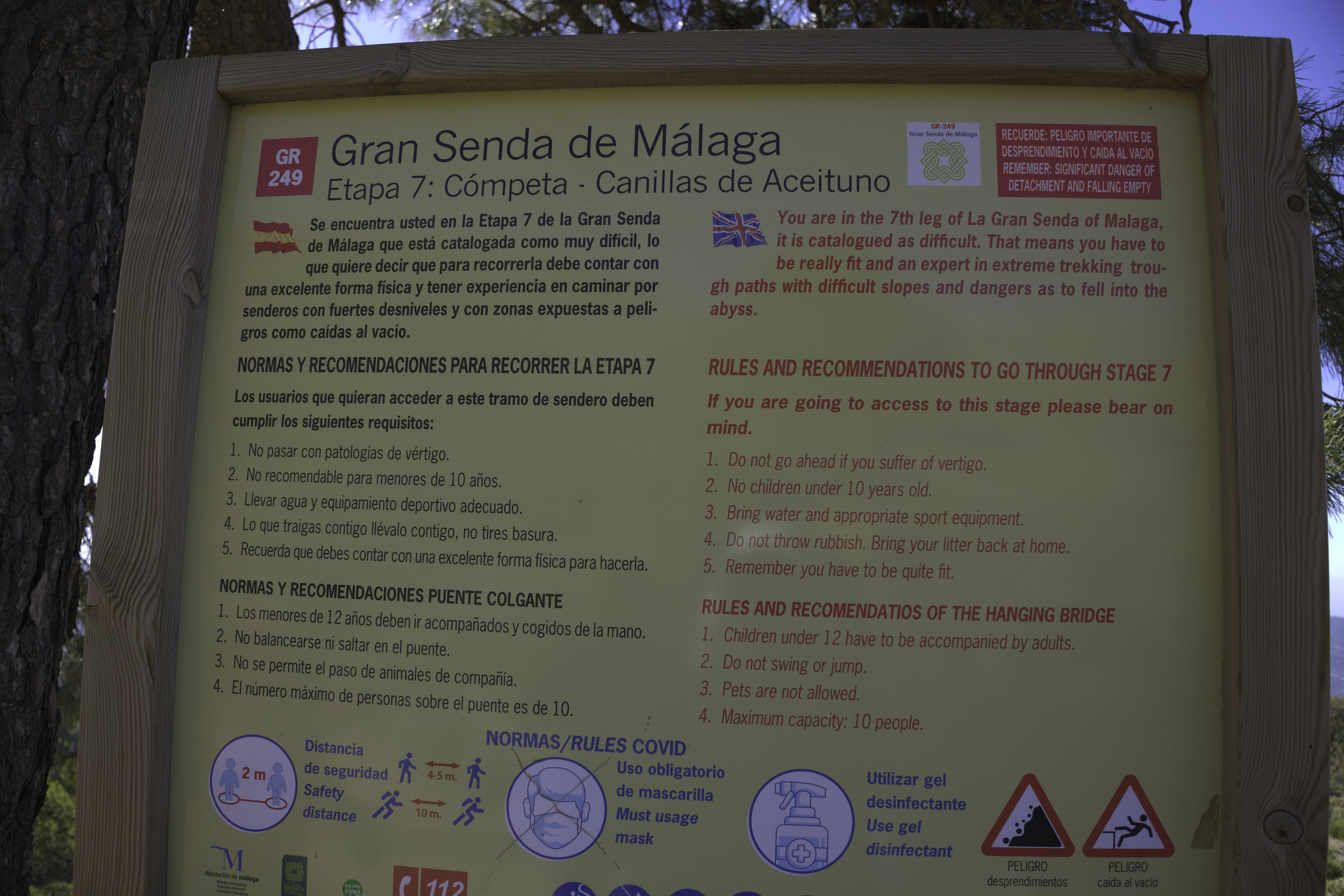 A Sign for the long distance "Gran Senda de Malaga" in Spain which warns hikers of the dangers of the path