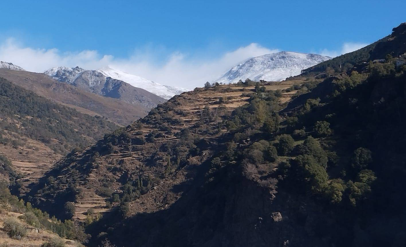 Highest mountain in mainland Spain, Mulhacén, 3482m, this morning with snow blowing from the summit in the strong winds. Snow level 2500m.
