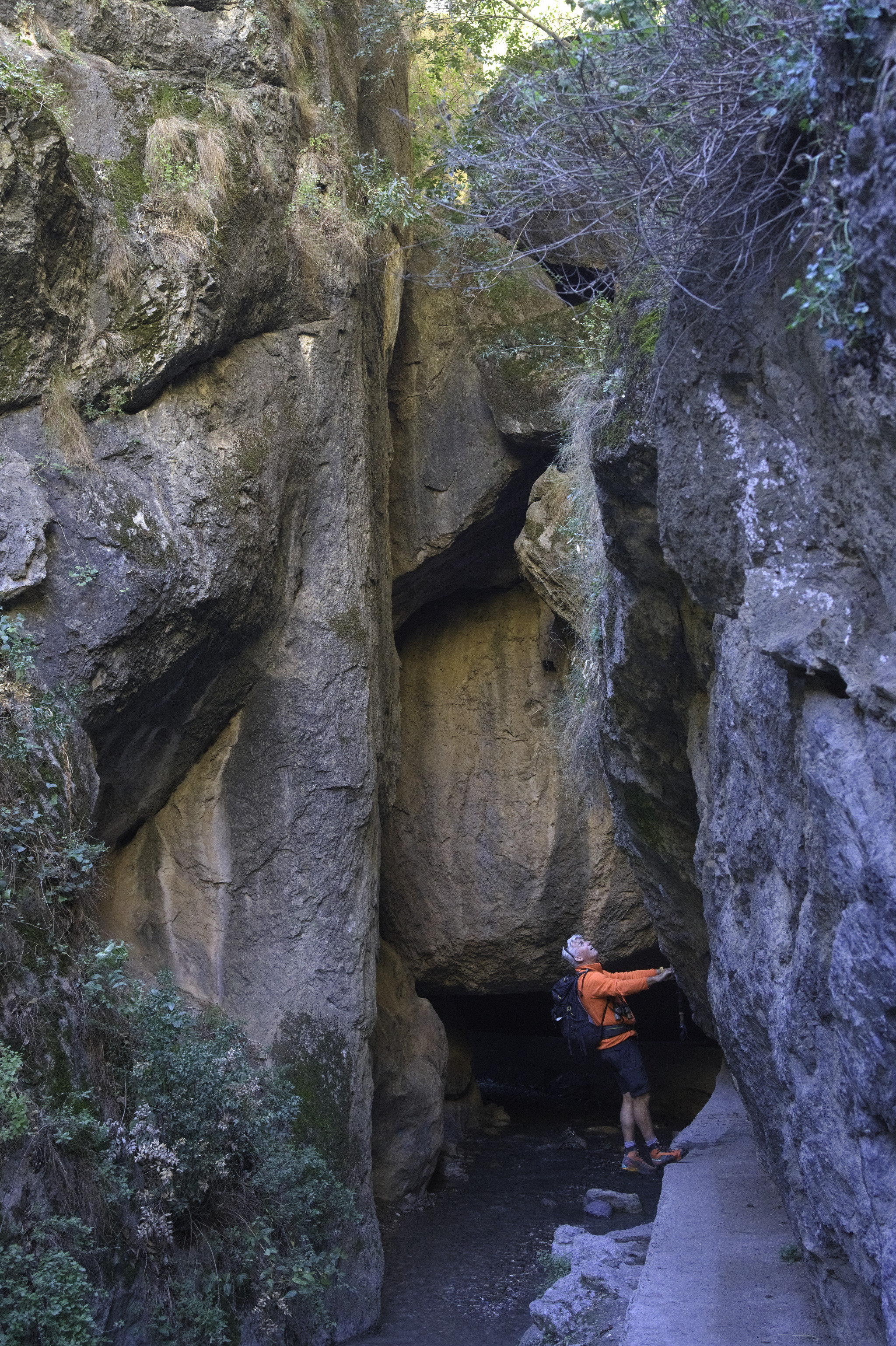 A small path contains a hiker in an orange jacket. The path enters a tunnel beneath huge rock walls