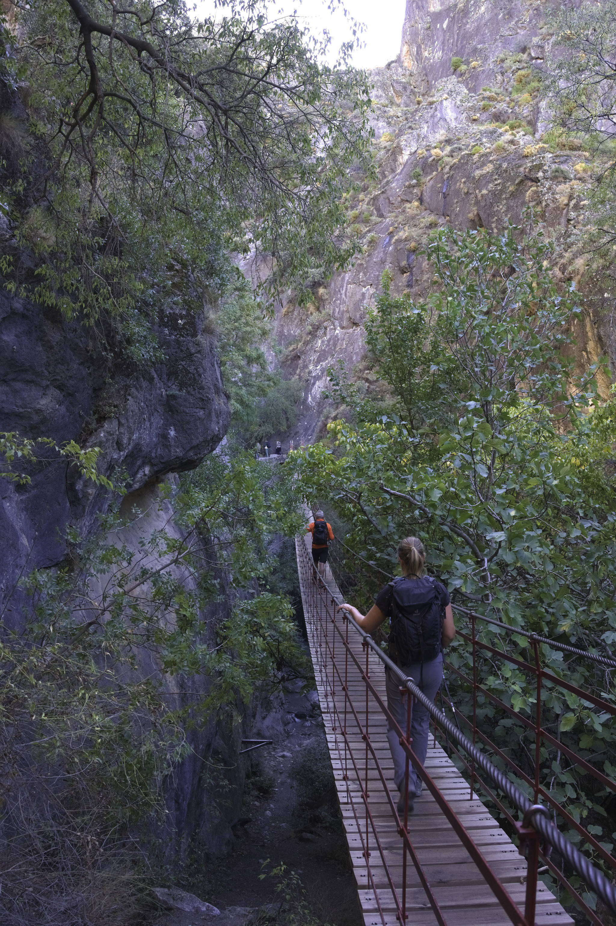 Two people walk along a wire bridge suspended over a gorge