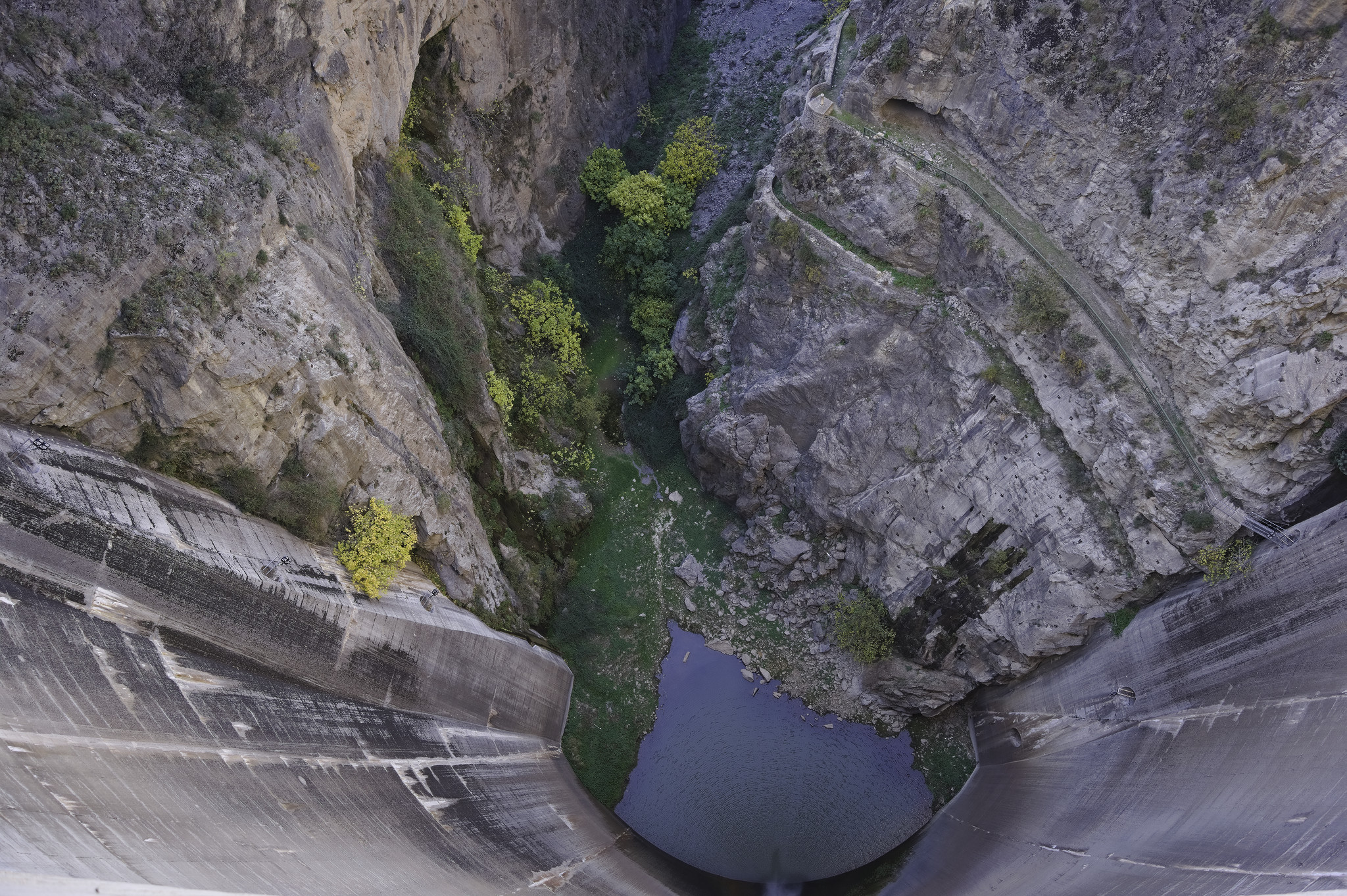 A curved dam wall extends downwards to a small lake and wooded stream