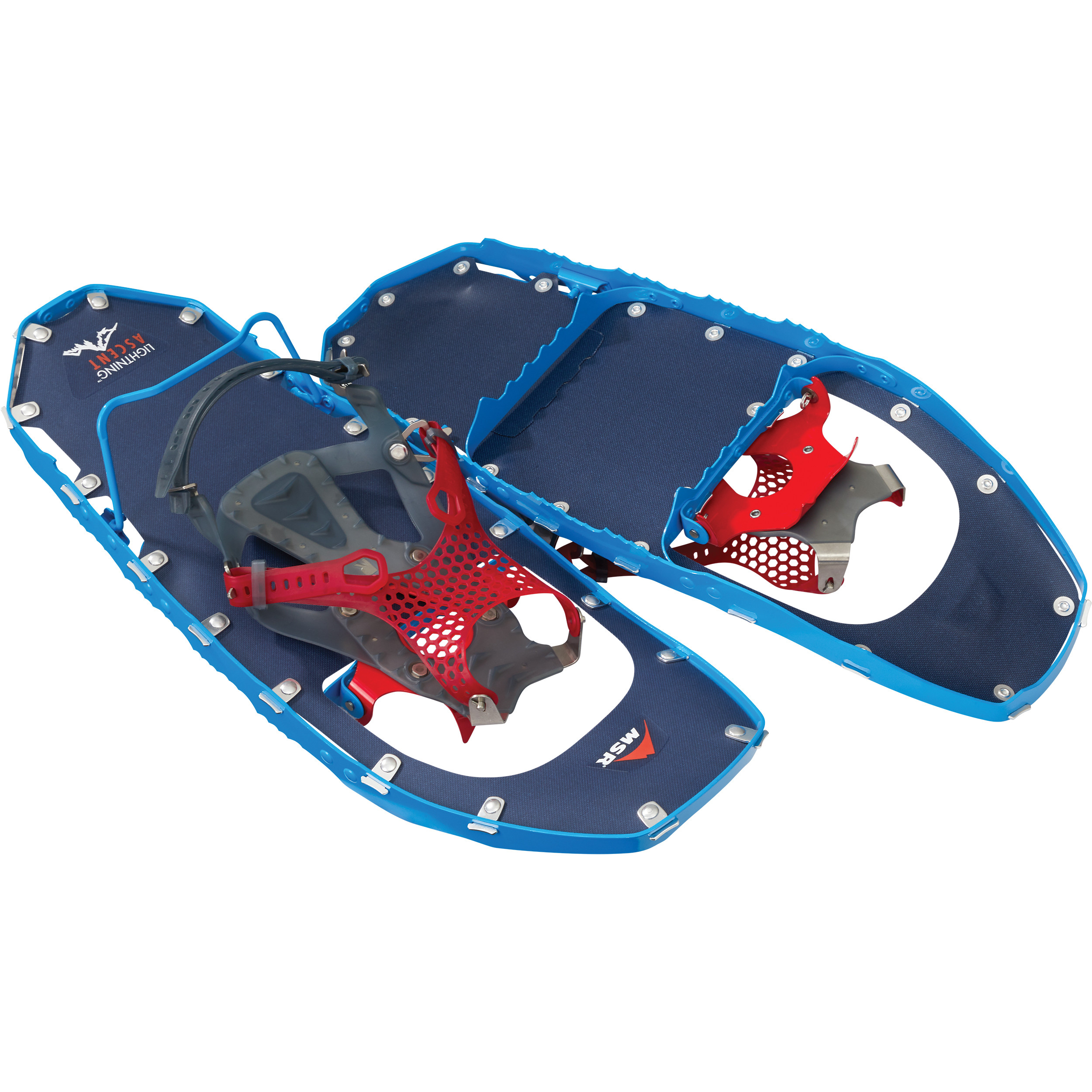 A pair of blue snowshoes with red bindings