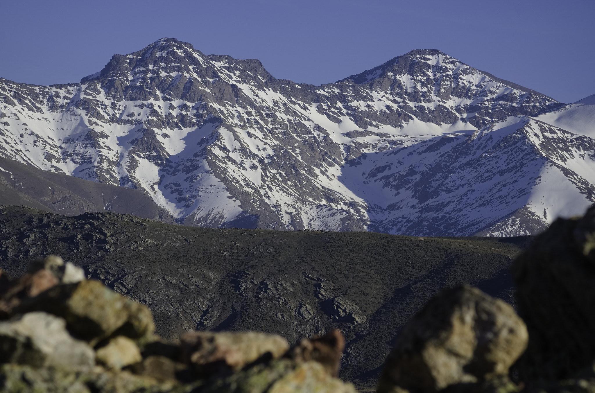 The north faces of Alcazaba 3371m and Mulhacen 3482m

Some big snowy mountains with steep cliffs rise up beyond a low ridge and some out of focus rocks