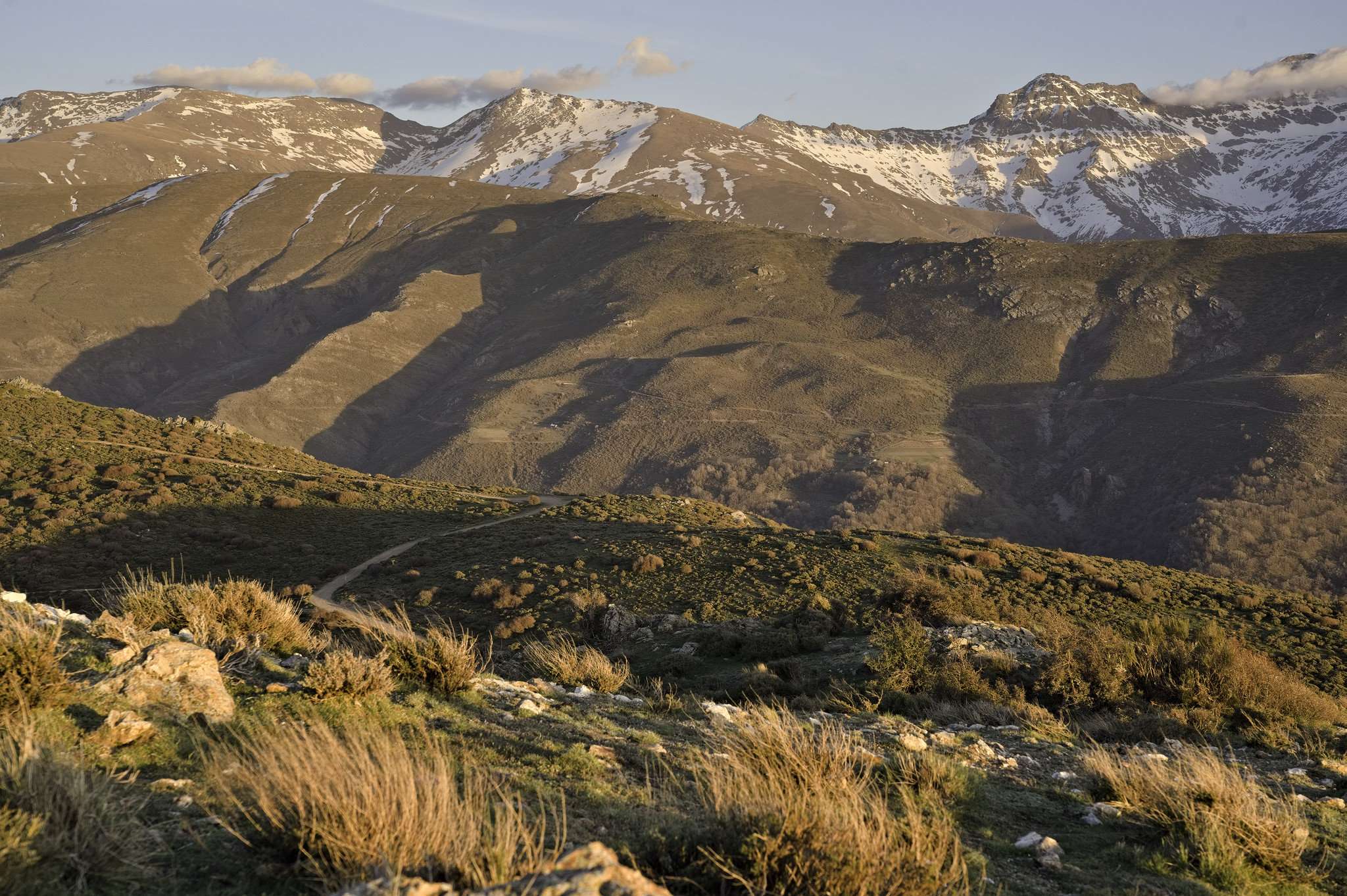 The Sierra Nevada peaks from Picon de Jerez on the left to Alcazaba on the right.

Evening light turns everything burnt orange and the hills and valleys in between have lenthening shadows