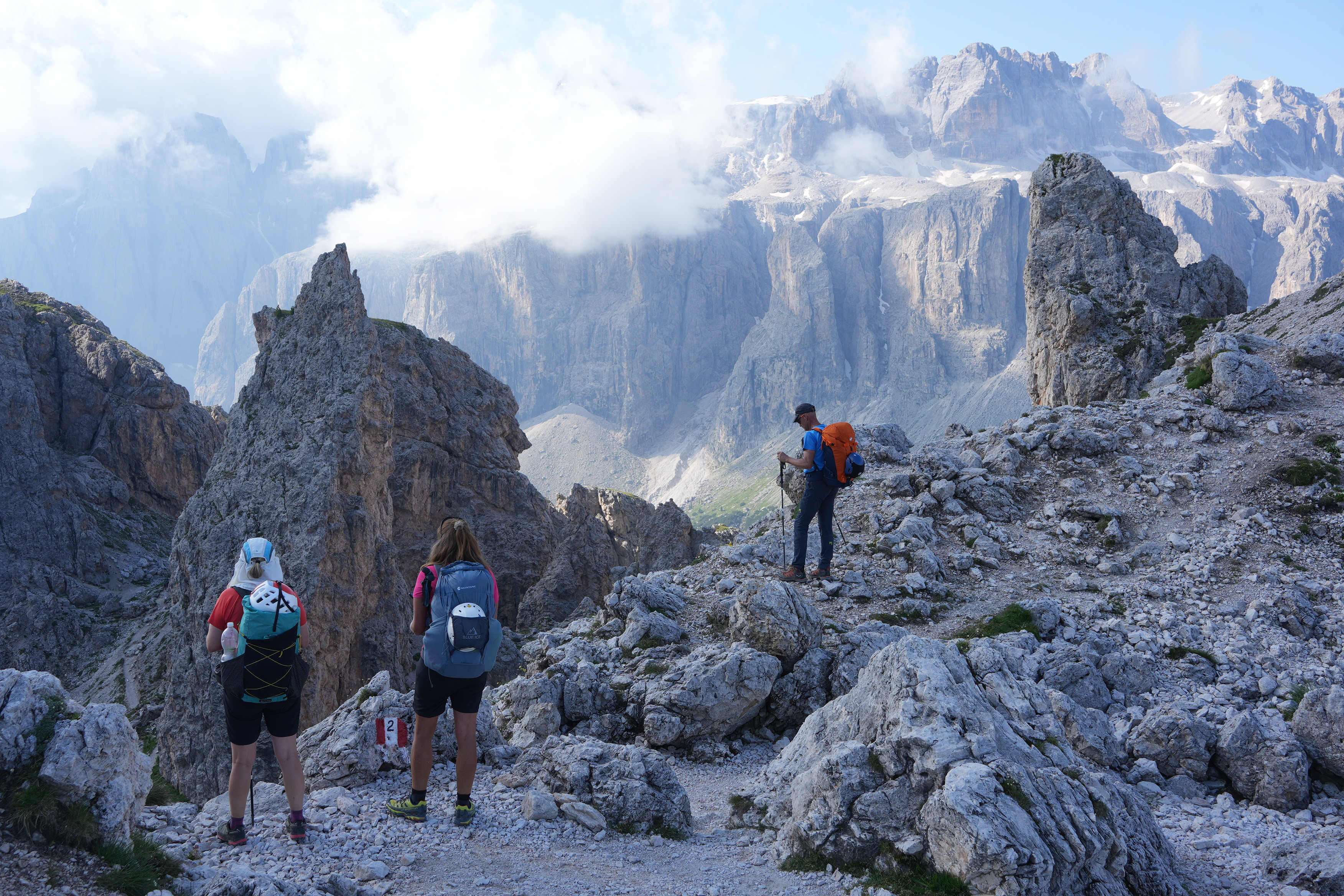 Spectacular rock scenery Cir Pinnacles above Passo Gardena