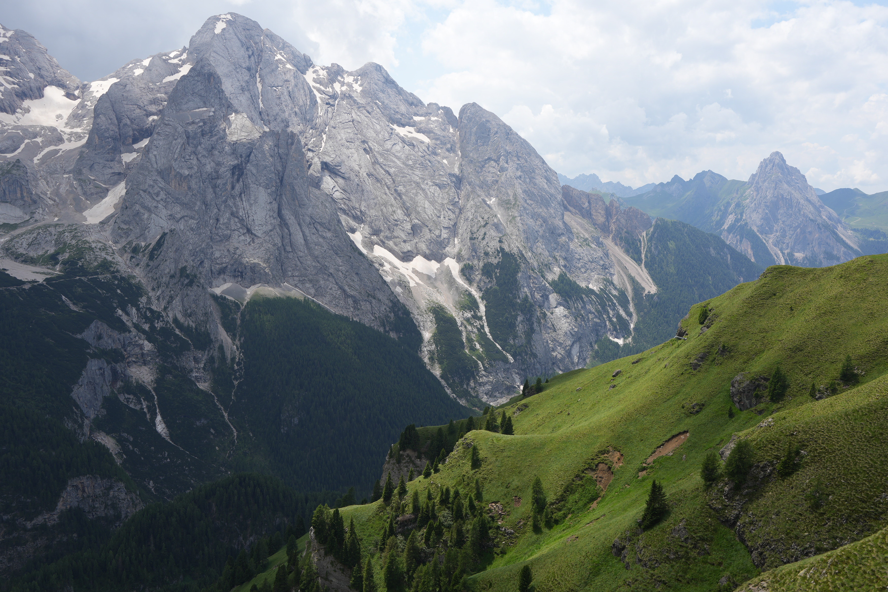 Green alpine meadows contrasting with the stark grey limestone mountainsides