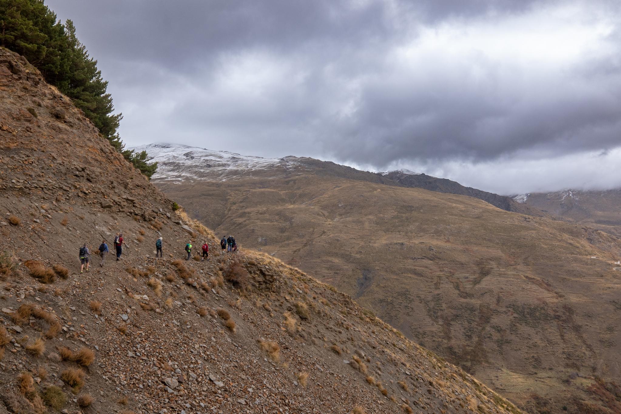Our group of hikers is walking along a narrow path beneath a forest. behind are dark clouds and a snow covered peak