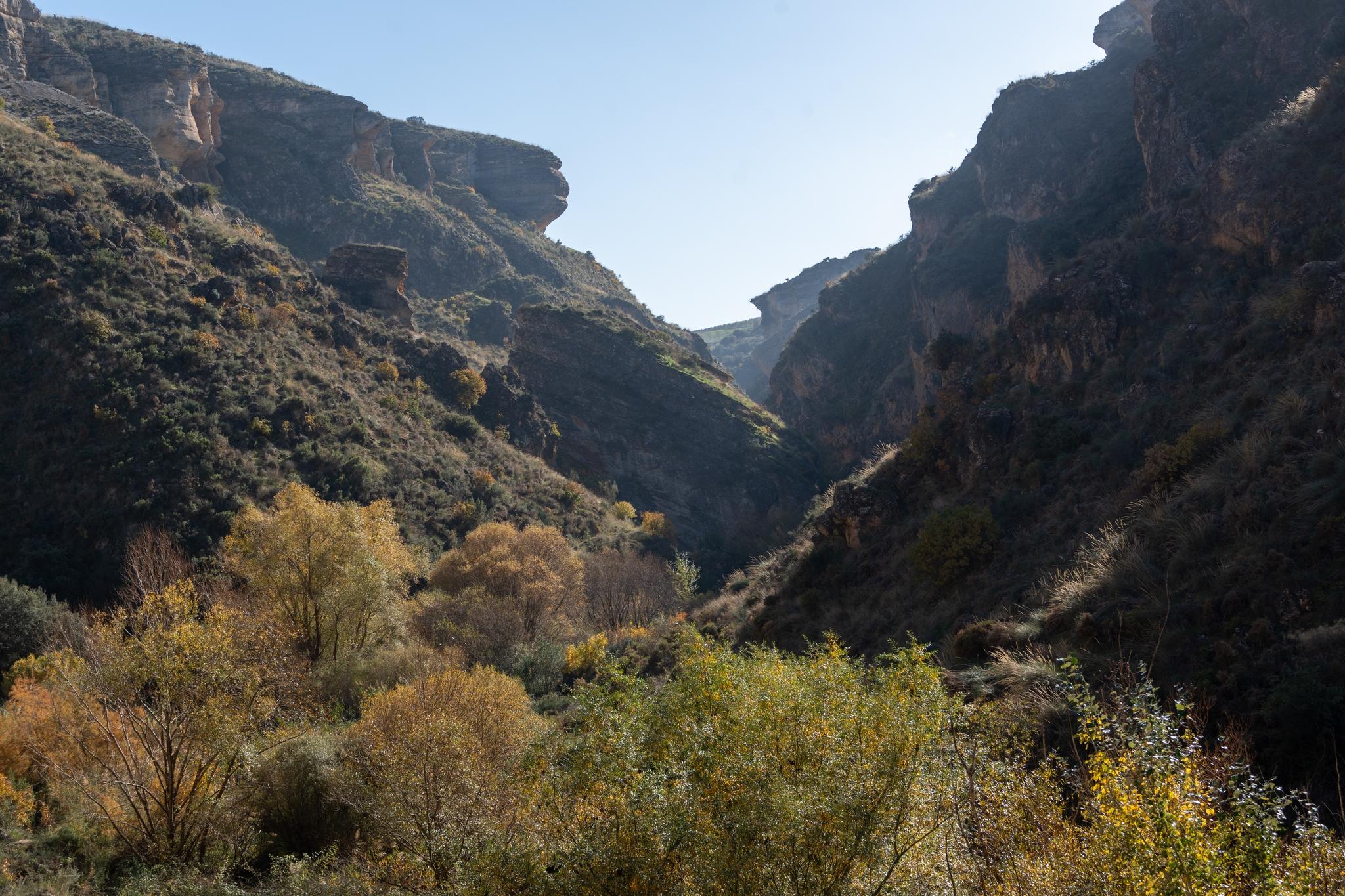 Looking back up the valley just traversed. The lush valley bottom is guarded by jagged cliffs