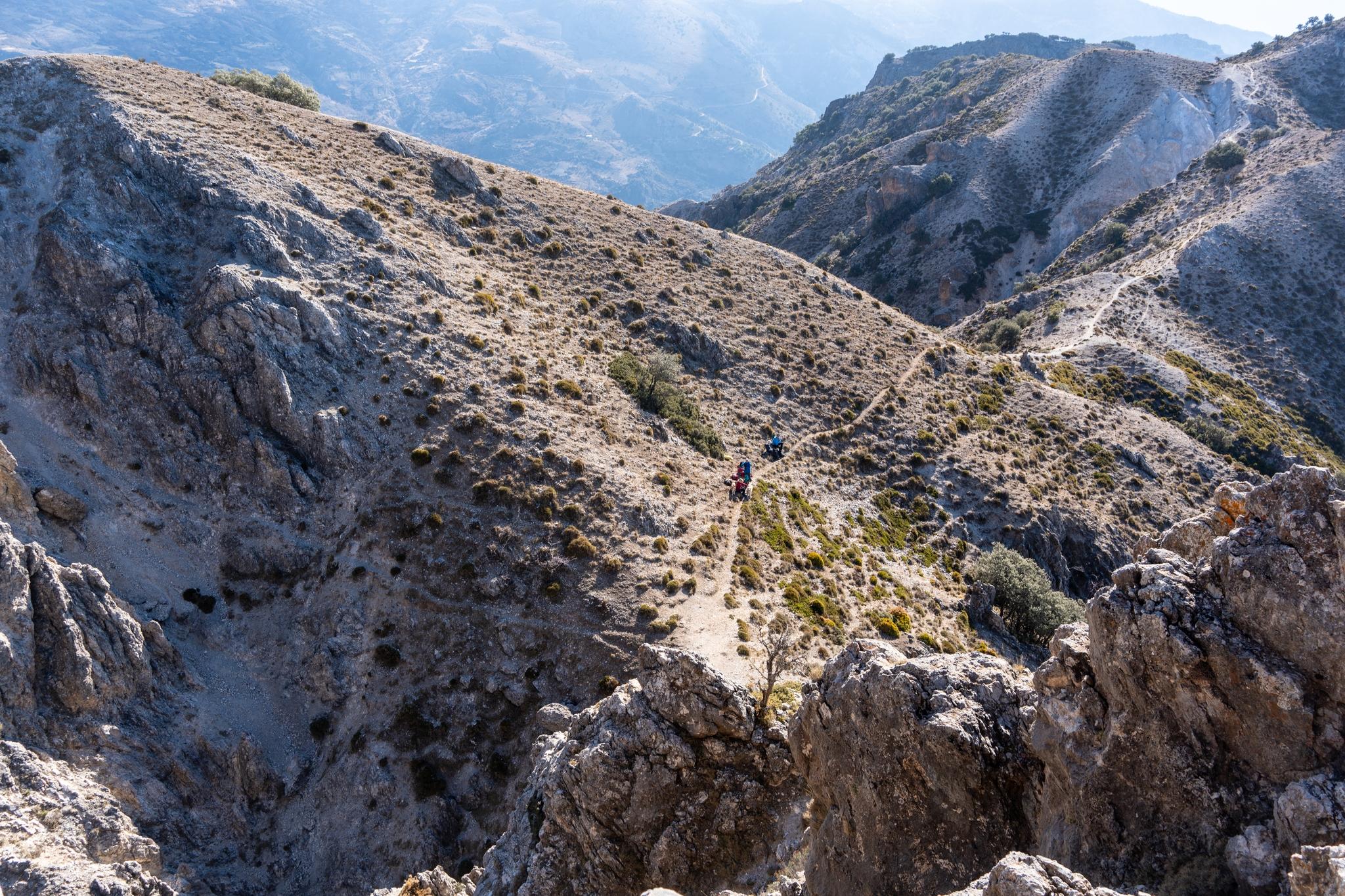 Looking down to the col below the summit pyramid