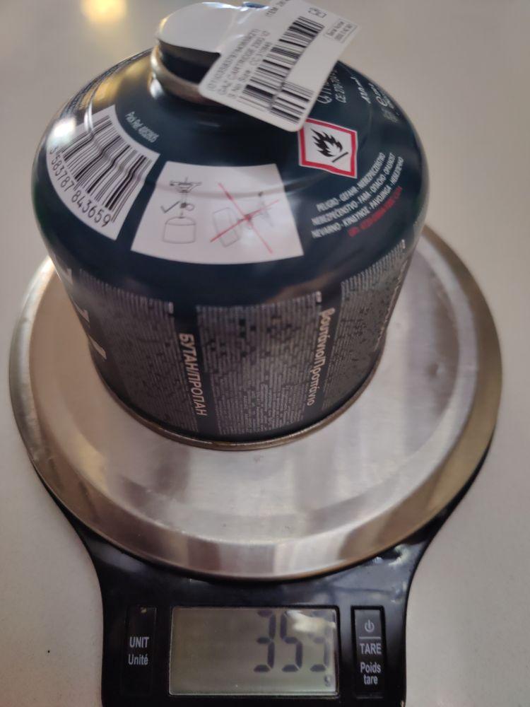 A newly bought gas cannister on the scales