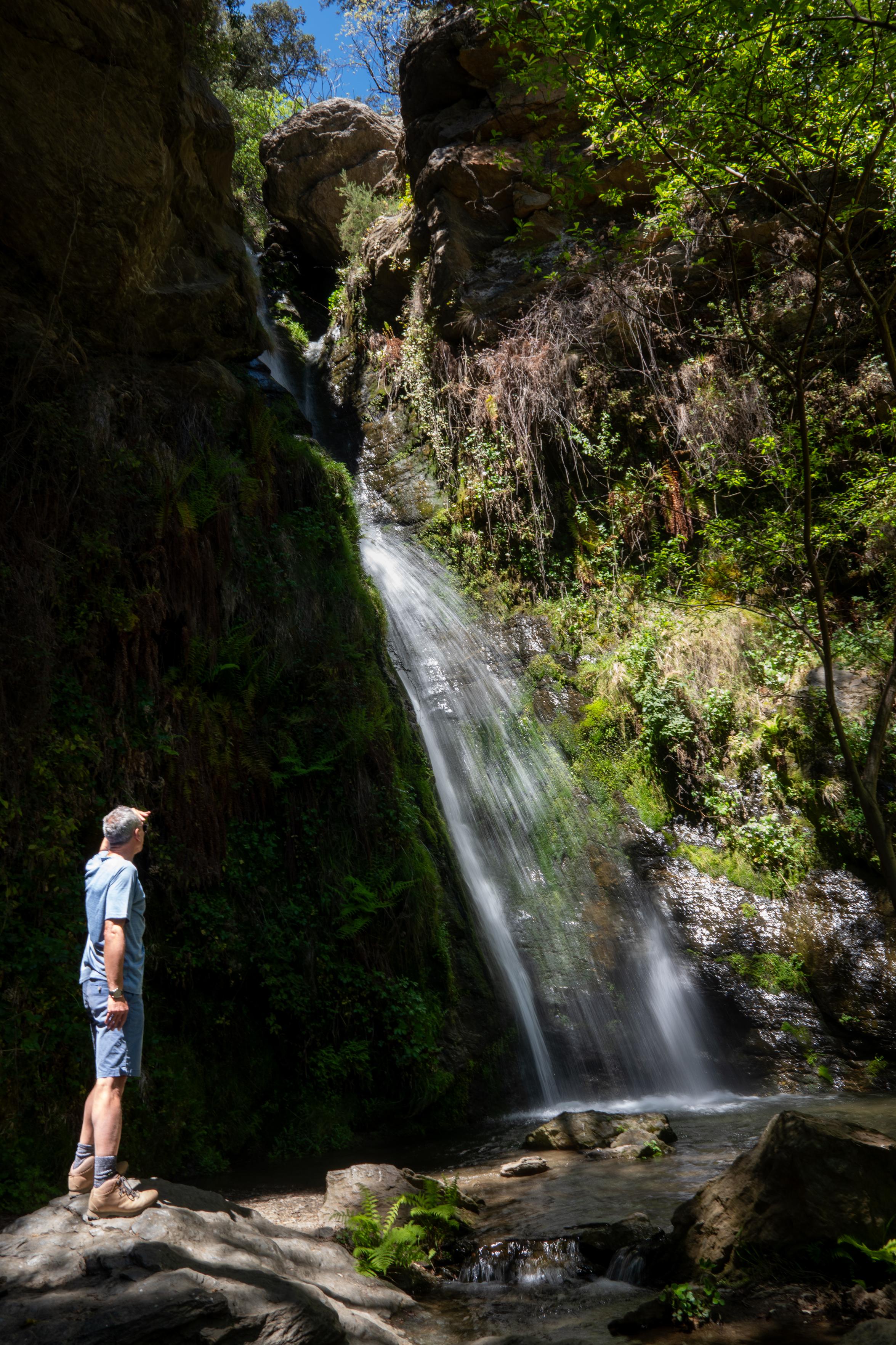 Lush green scenery along a river with a large waterfall falling down the canyon. A person is stood on a sunlit rock on the left
