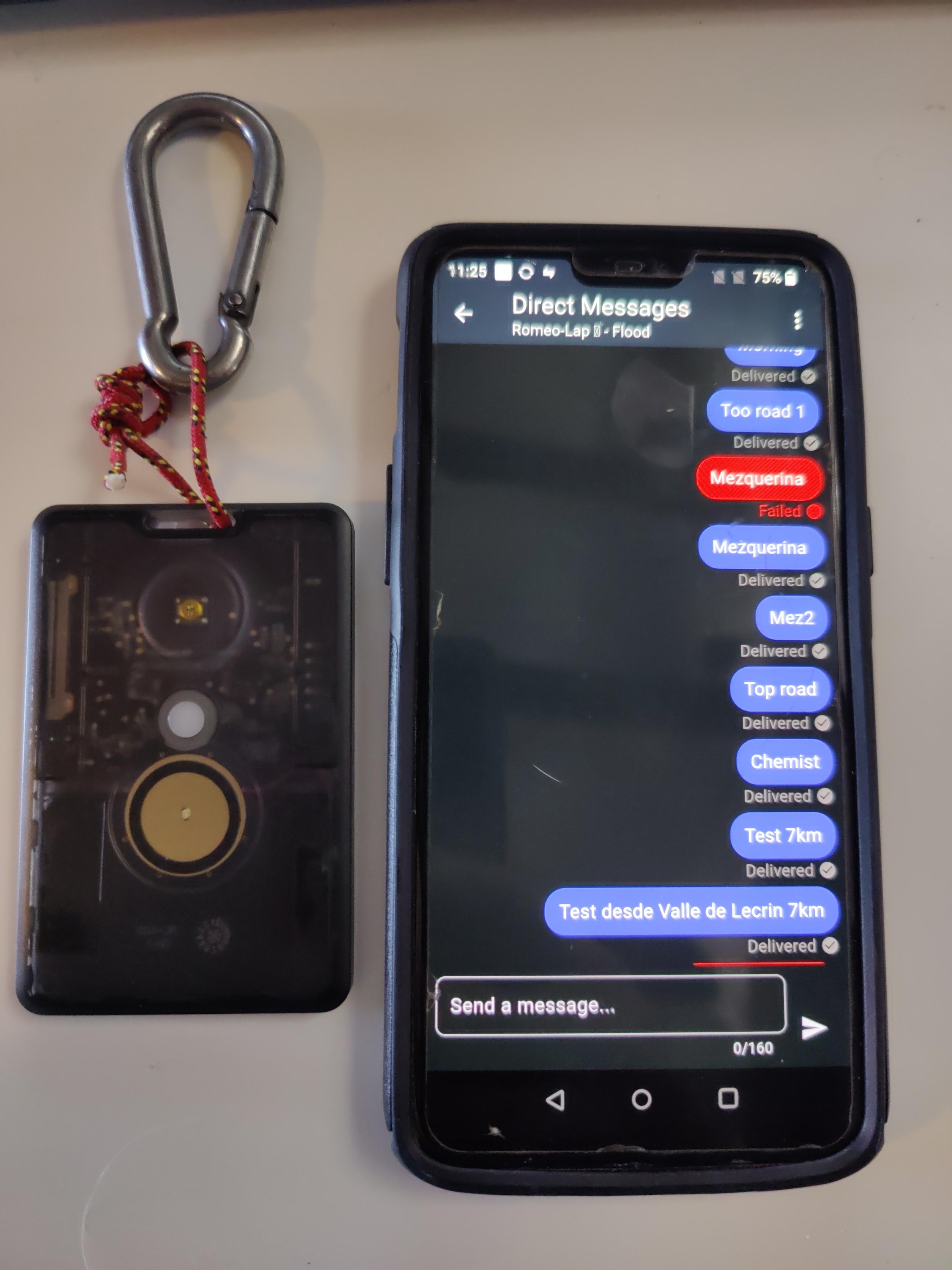 A sensecap T-1000-E bluetoothed to a mobile phone running Meshcore software