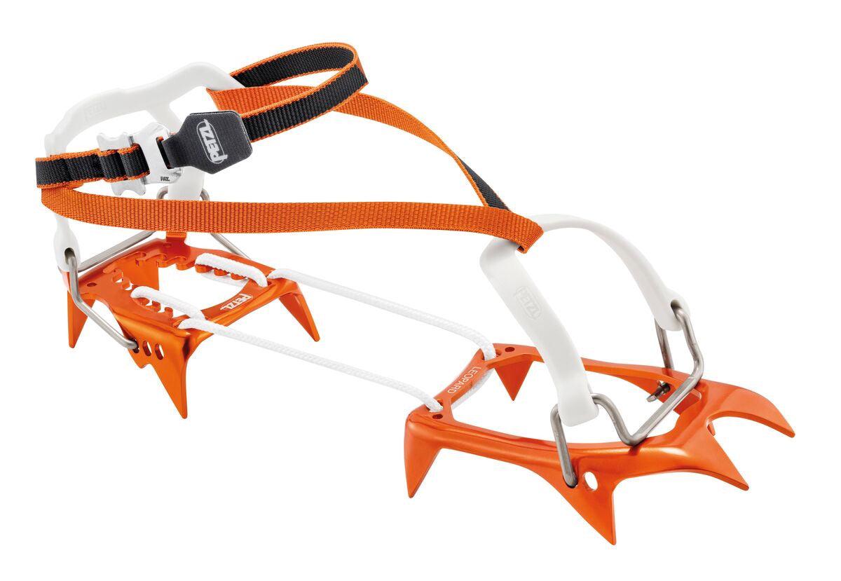 A single Petzl Leopard Flexlock crampon with orange spikes and staps