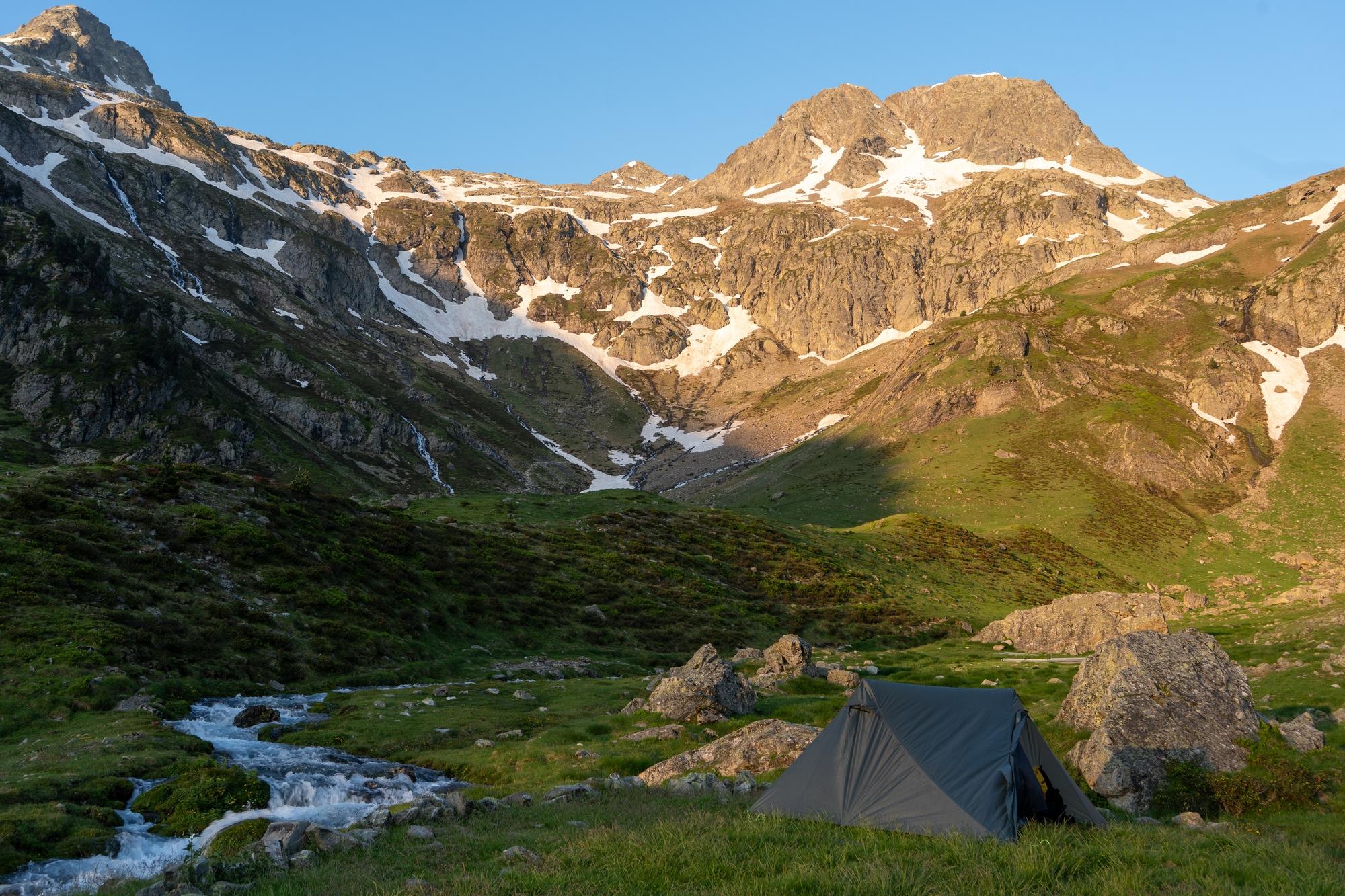 Morning light on the Pico de Marcadua 2727m from our valley campsite by the Ruisseau de Port de Marcadua river 