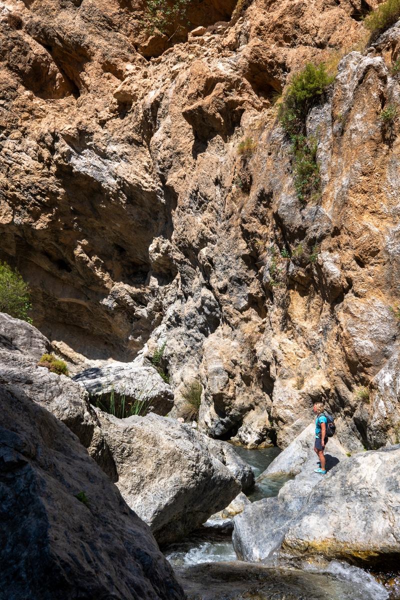 A person with a blue t-shirt stands at the base of a gorge next to a small river 