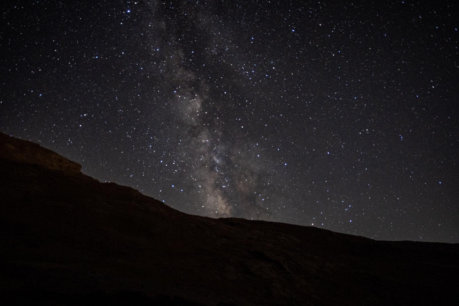 The milkyway and hundreds of stars appear over a mountain ridge line