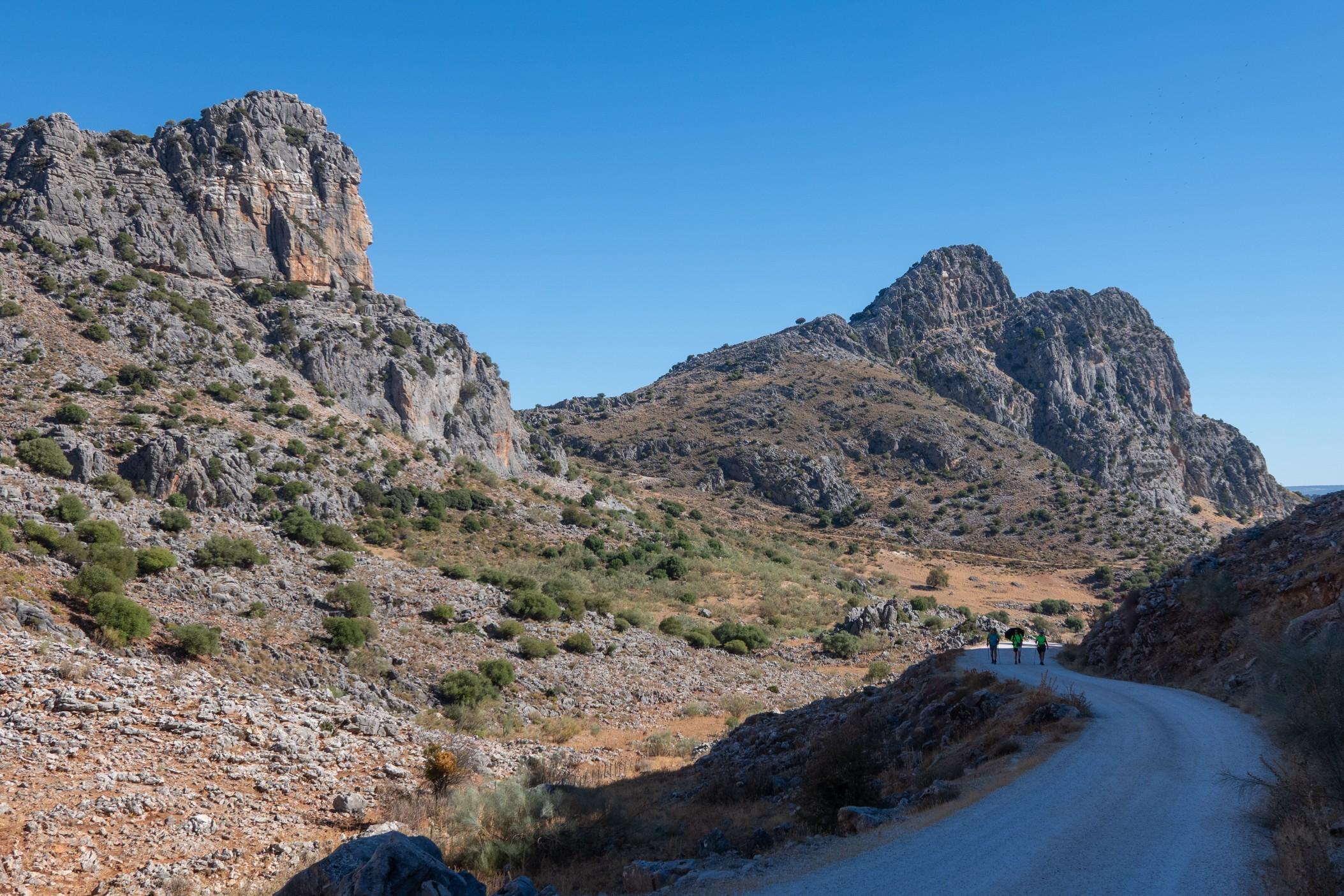 Mountains in the sun either side of a wide hiking trail with 3 hikers shown
