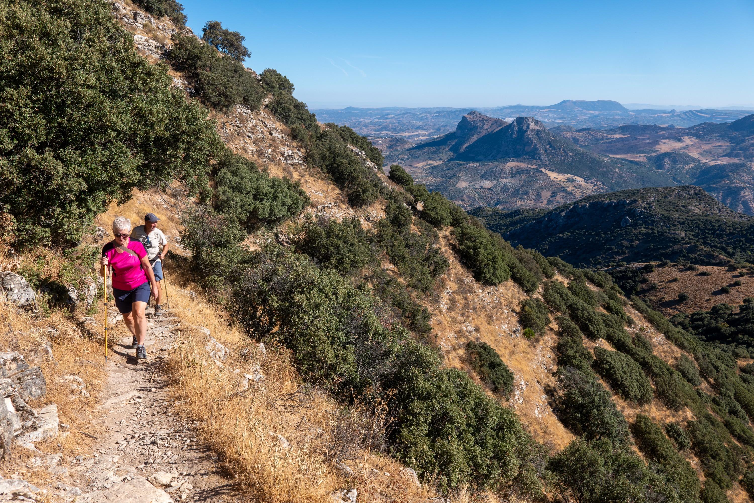 A person in pink comes along a mountain trail with distant views