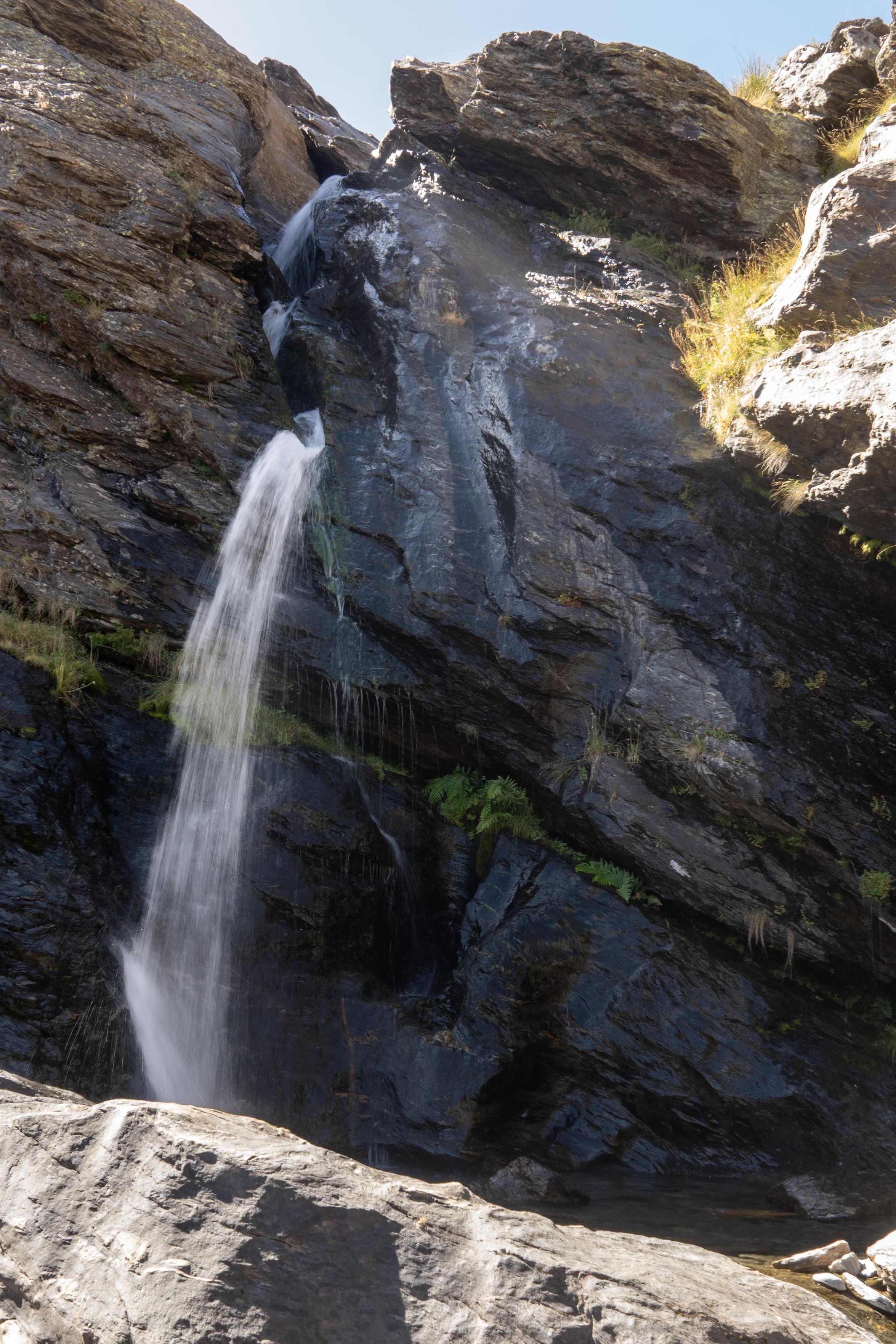 Waterfall emerging from between black rocks with some small fractures containing green shrubs and plants