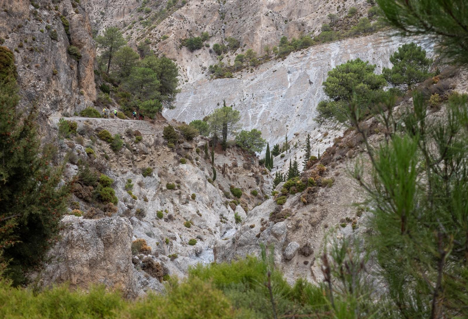 People seen on a ledge crossing high above a arid valley. The photo is framed by trees and shrubs