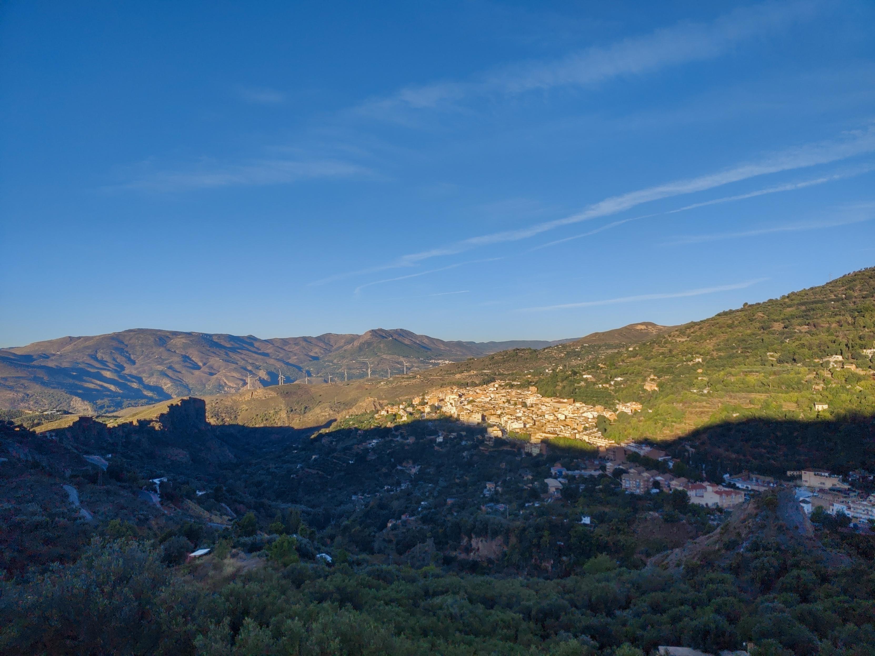 Shadowed olive trees with sun hitting a Spanish town in the distance. Distant mountains