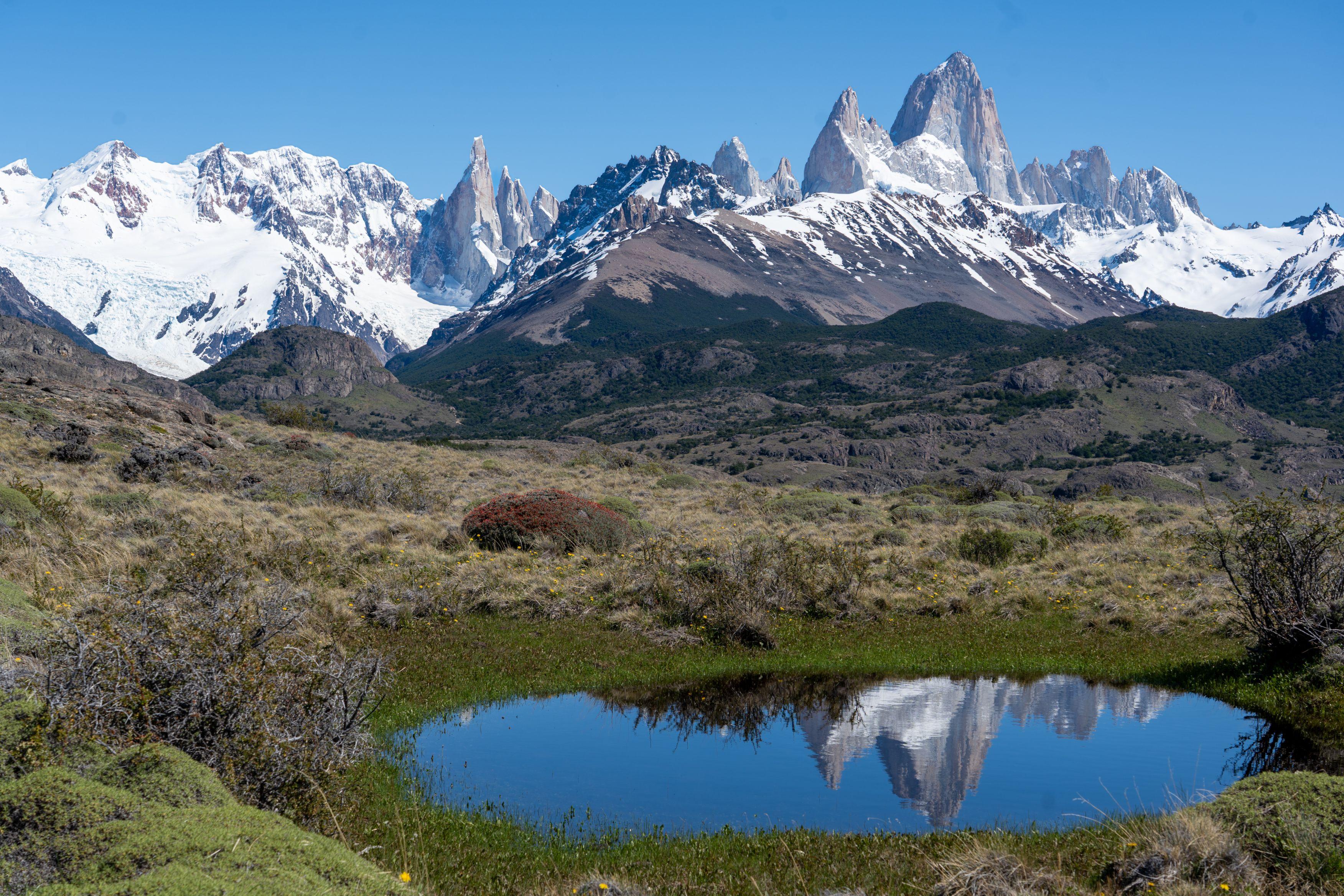 Mt Fitzroy in Patagonia is reflected in a small lake
