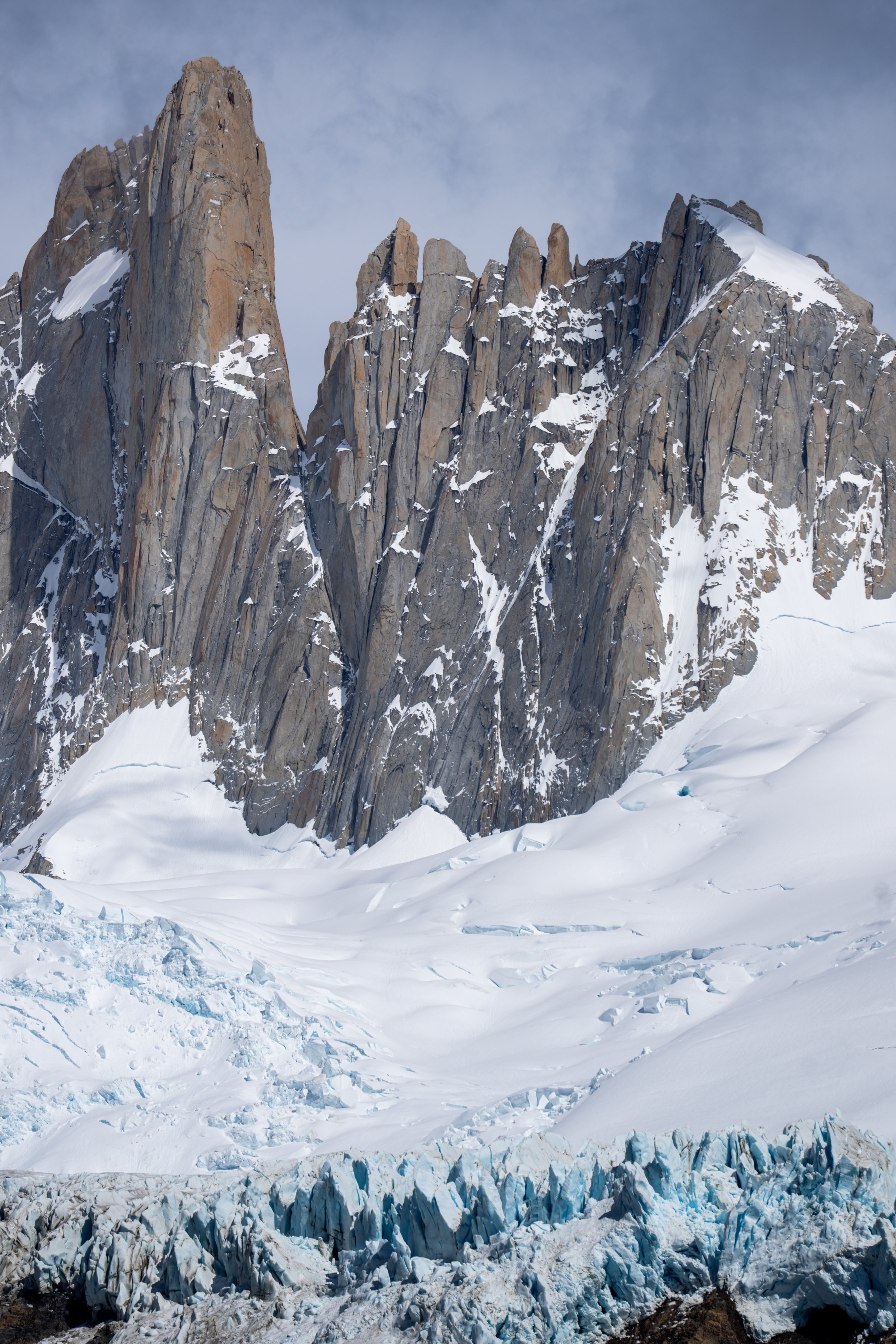 Where the Piedras Blancas glacier drops over a cliff huge blue ice pinnacles form
